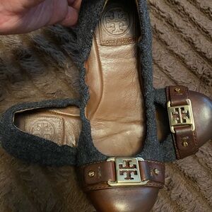 Tory Burch Gray and Brown Loafers with Gold Emblem